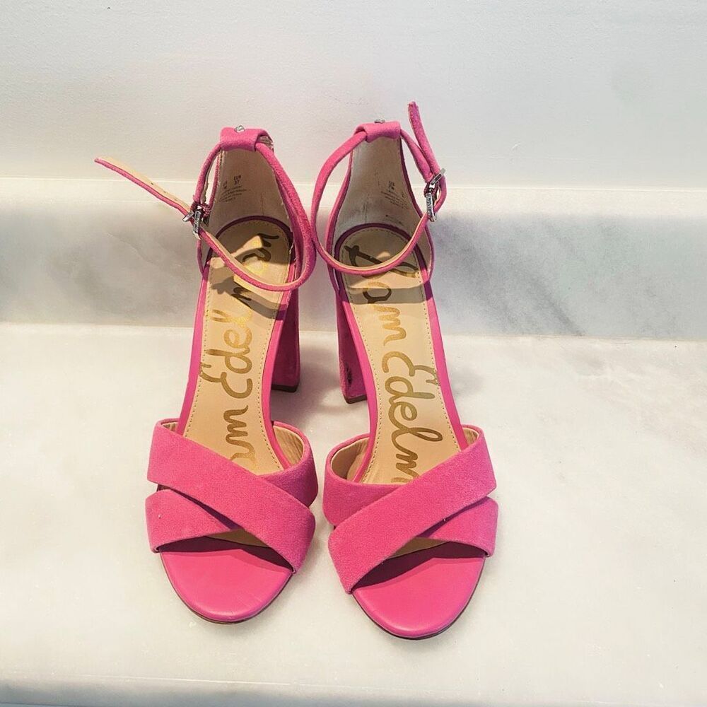 Sam Edelman Suede Ankle Strap Block Heel Yancy Sandals Pink Size 7